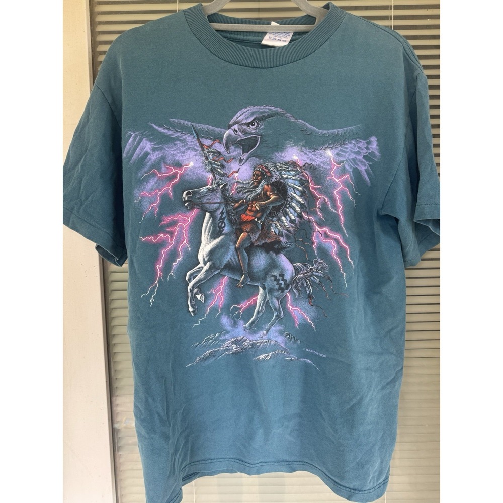 Vintage Eagle Lightning Horse Graphic T-Shirt Native/Western Style Y2K Size M